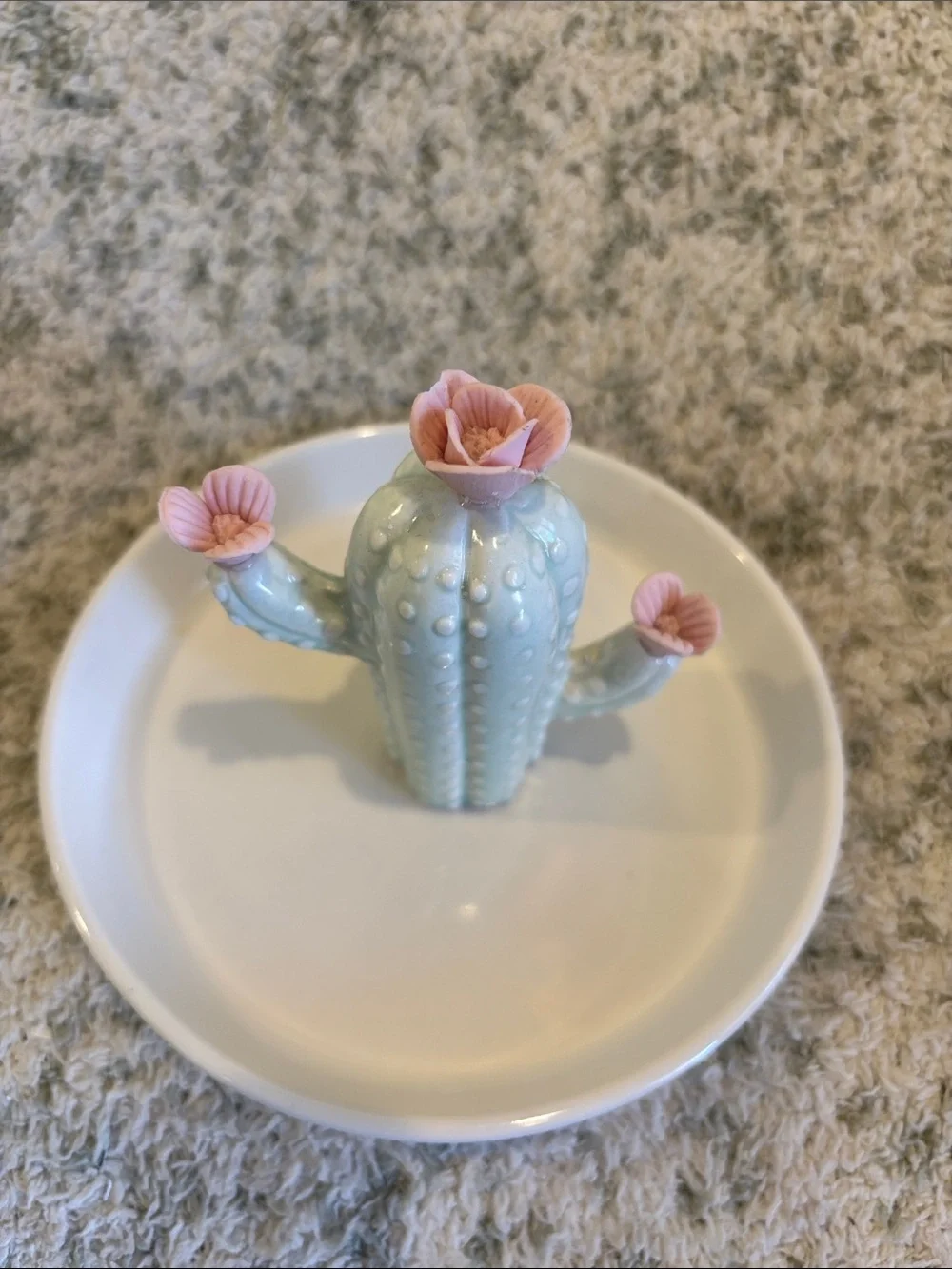 Pretty Mint Cactus Pink Flowers Ceramic Trinket Jewelry Dish NWT 5.5”
